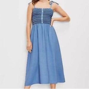 Loft smocked tie shoulder chambray dress